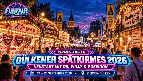 Beleuchtete Kirmesstände und Besucher bei der Dülkener Spätkirmes 2026 in Viersen-Dülken am Abend