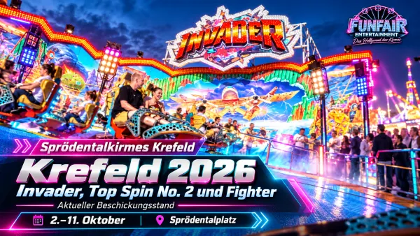 Herbst-Sprödentalkirmes Krefeld 2026 mit Invader, Top Spin No. 2 und Fighter
