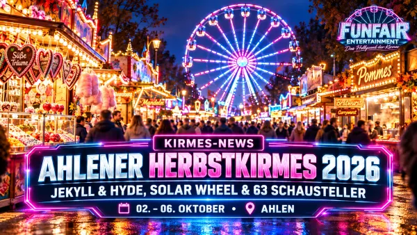 Ahlener Herbstkirmes 2026 auf dem Dr.-Paul-Rosenbaum-Platz mit Riesenrad und Kirmesbeleuchtung am Abend