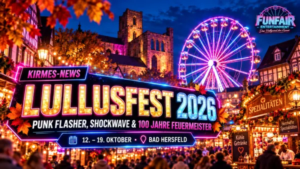 Lullusfest Bad Hersfeld 2026 auf dem historischen Marktplatz mit Riesenrad, beleuchteten Kirmesbuden und Lullusfeuer am Abend
