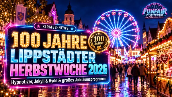 Lippstädter Herbstwoche 2026 zum 100-jährigen Jubiläum mit Riesenrad, beleuchteter Innenstadt und Kirmesbesuchern am Abend