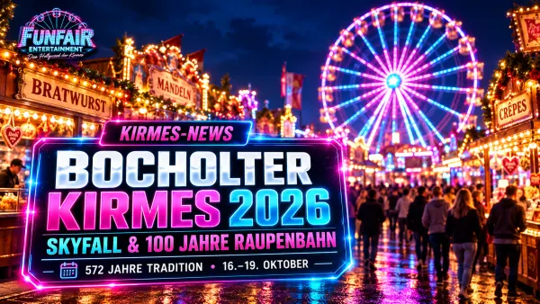 Bocholter Kirmes 2026 in der Innenstadt mit beleuchtetem Riesenrad, Kirmesbuden und Menschen am Abend