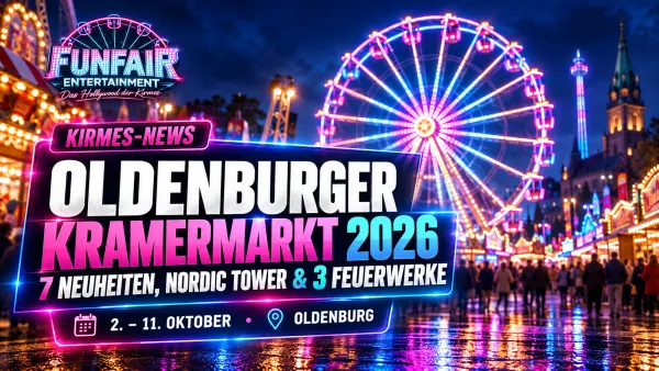 Oldenburger Kramermarkt 2026 bei Nacht mit beleuchtetem Riesenrad, Buden und Besucherinnen und Besuchern auf dem Festgelände an den Weser-Ems-Hallen
