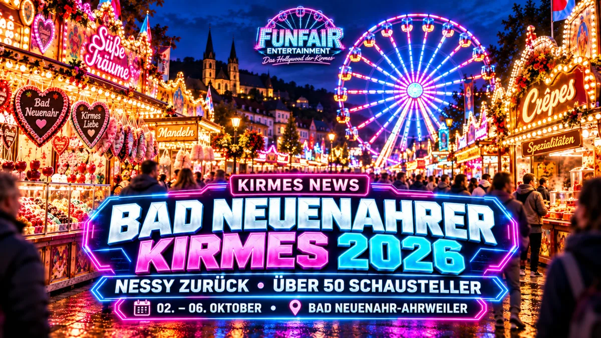 Bad Neuenahrer Kirmes 2026 mit Riesenrad, Kettenflieger und der zurückkehrenden Großschaukel Nessy