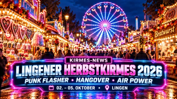 Lingener Herbstkirmes 2026 an der EmslandArena mit beleuchteten Kirmesbuden, Riesenrad und Besuchern am Abend
