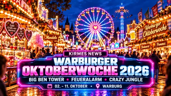 Warburger Oktoberwoche 2026 mit beleuchteten Kirmesbuden und Riesenrad auf dem Festgelände in Warburg