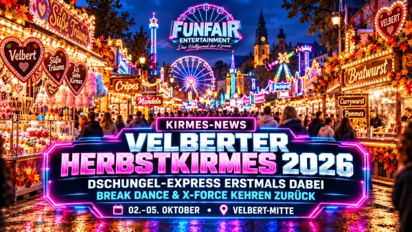 Velberter Herbstkirmes 2026 mit Kirmesbuden, Besuchern sowie Break Dance, X-Force und Dschungel-Express in Velbert-Mitte