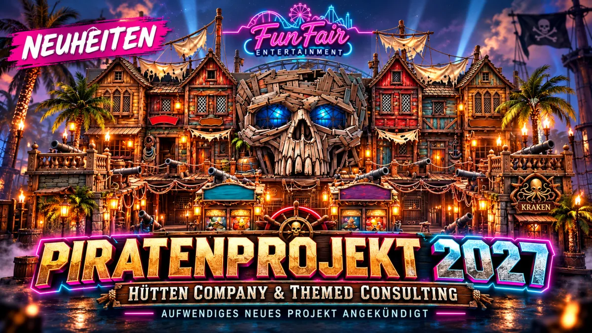 Entwurf des neuen Piratenprojekts der Hütten Company für 2027 mit großer Totenschädel-Fassade, Piratenhäusern, Kanonen und Palmen