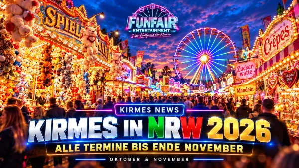 Kirmes in Nordrhein-Westfalen im Herbst 2026 mit beleuchteten Buden, Riesenrad und Besuchern – Terminübersicht Oktober und November