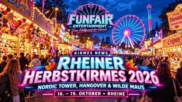 Rheiner Herbstkirmes 2026 mit beleuchteten Kirmesbuden, Riesenrad und Fahrgeschäften auf Elisabethplatz und Emstorplatz