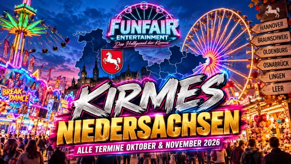 Kirmes in Niedersachsen im Herbst 2026 mit beleuchteten Buden, Riesenrad und Besuchern – Terminübersicht für Oktober und November
