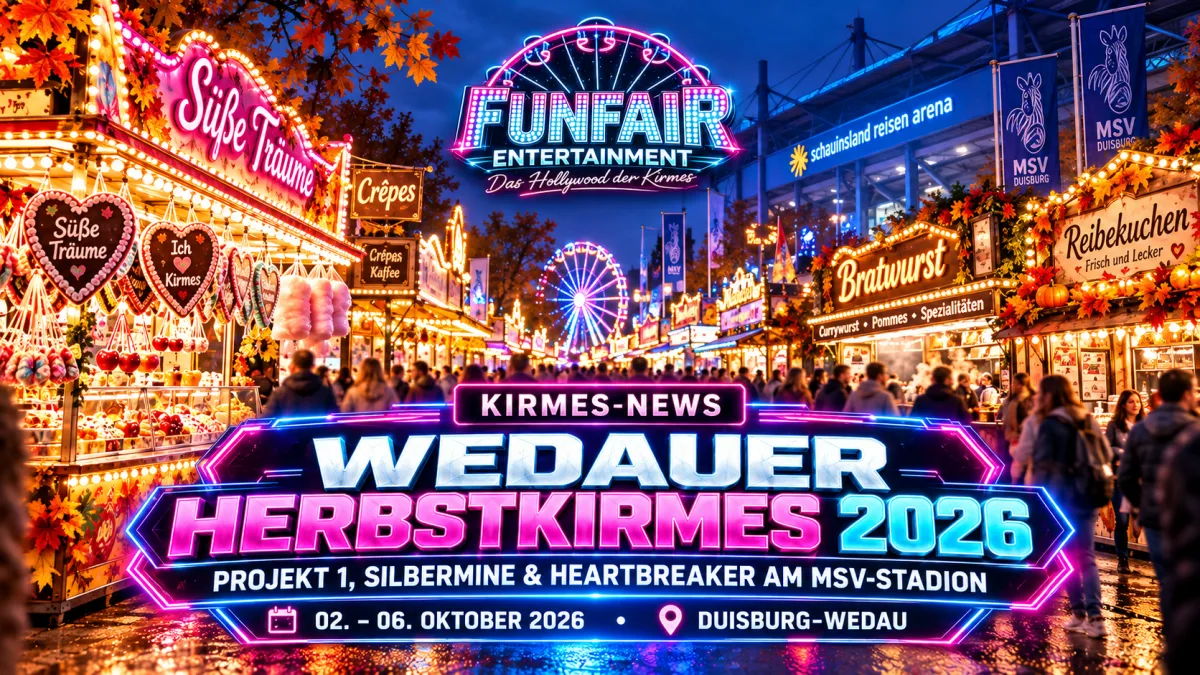 Wedauer Herbstkirmes 2026 direkt an der Schauinsland-Reisen-Arena des MSV Duisburg mit Projekt 1, Silbermine, Kirmesbuden und beleuchteten Fahrgeschäften