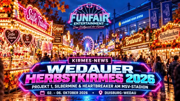 Wedauer Herbstkirmes 2026 direkt an der Schauinsland-Reisen-Arena des MSV Duisburg mit Projekt 1, Silbermine, Kirmesbuden und beleuchteten Fahrgeschäften