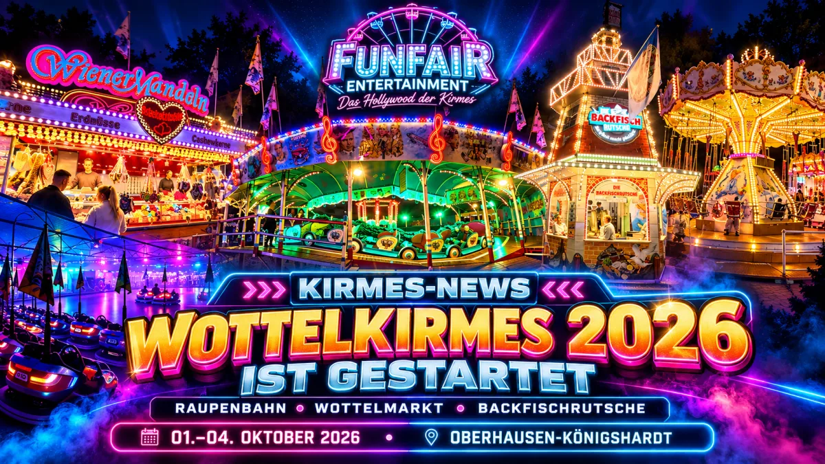 Wottelkirmes 2026 in Oberhausen-Königshardt mit beleuchteten Kirmesbuden am Theodor-Spiering-Platz
