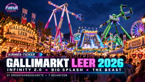 Gallimarkt Leer 2026 mit beleuchteter Kirmes, Riesenrad, Buden und Besuchern in der Innenstadt von Leer