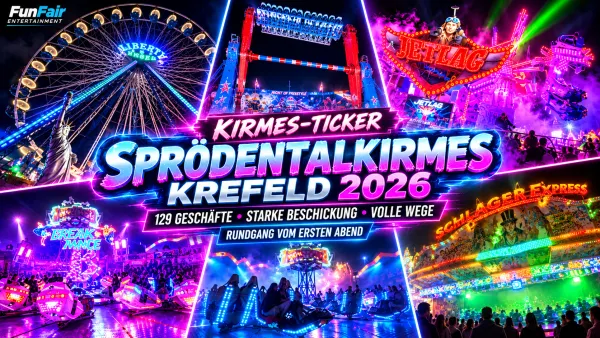 Sprödentalkirmes Krefeld 2026 am Abend mit beleuchteten Fahrgeschäften, Buden und vielen Besuchern auf dem Sprödentalplatz