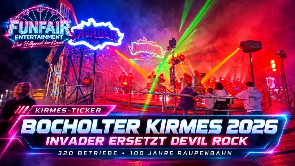 Bocholter Kirmes 2026 mit beleuchteter Innenstadt, Kirmesbuden und großen Fahrgeschäften am Abend