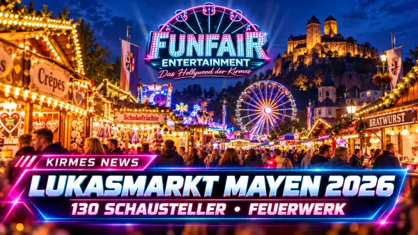 Lukasmarkt Mayen 2026 mit beleuchteter Innenstadtkirmes rund um die Genovevaburg, Fahrgeschäften und vielen Besuchern am Abend