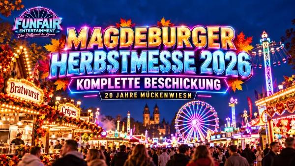 Magdeburger Herbstmesse 2026 am Abend mit Kirmesbuden, Besuchern und beleuchteten Fahrgeschäften auf dem Messeplatz Max Wille