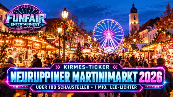 Neuruppiner Martinimarkt 2026 mit beleuchteten Buden, Kirmesatmosphäre und vielen Besuchern in der Innenstadt