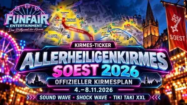 Soester Allerheiligenkirmes 2026 in der historischen Altstadt mit Fahrgeschäften, Kirmesbeleuchtung und Besuchern