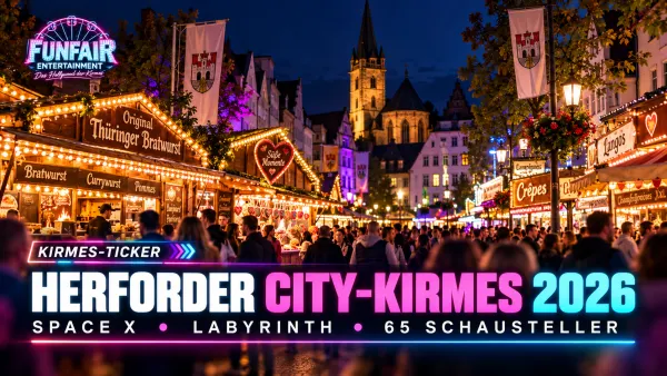 Herforder City-Kirmes 2026 mit Space X, Kirmesbeleuchtung und Besuchern in der Herforder Innenstadt