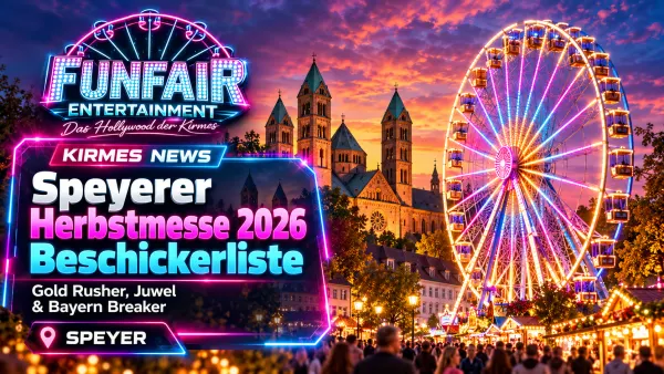 Speyerer Herbstmesse 2026 mit Riesenrad Juwel, beleuchtetem Festplatz und Besuchern am Abend