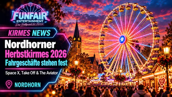Nordhorner Herbstkirmes 2026 auf dem Neumarkt mit Kirmesbeleuchtung und Besuchern am Abend