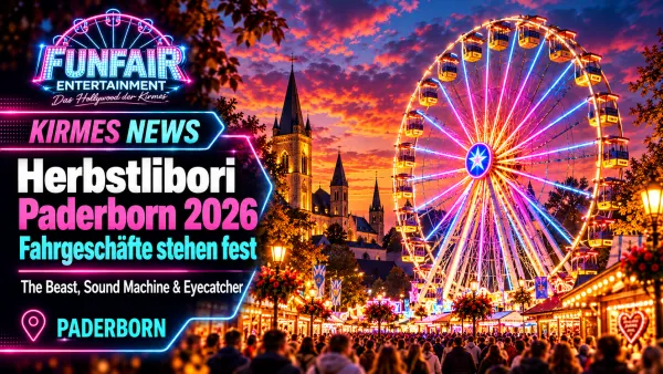 Herbstlibori Paderborn 2026 mit beleuchtetem Riesenrad, Kirmesbuden und Besuchern auf dem Liboriberg am Abend