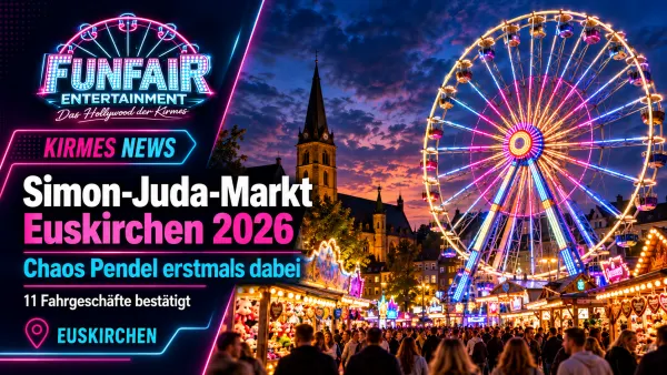 Simon-Juda-Markt Euskirchen 2026 mit beleuchtetem Riesenrad, Kirmesbuden und Besuchern in der Innenstadt am Abend