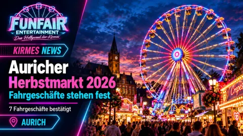 Auricher Herbstmarkt 2026 mit beleuchtetem Jahrmarkt, Kirmesbuden und Besuchern am Abend