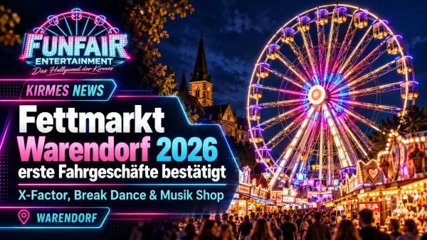 Fettmarkt Warendorf 2026 mit beleuchtetem Riesenrad, Kirmesbuden und Besuchern am Abend