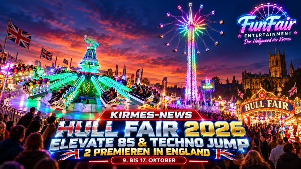 Hull Fair 2026 in England mit dem 85 Meter hohen Star Flyer Elevate 85 und bunten Fahrgeschäften auf der Walton Street