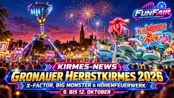 Gronauer Herbstkirmes 2026 mit X-Factor, Big Monster, Kirmesbuden und Besuchern auf dem Festplatz vor der Bürgerhalle