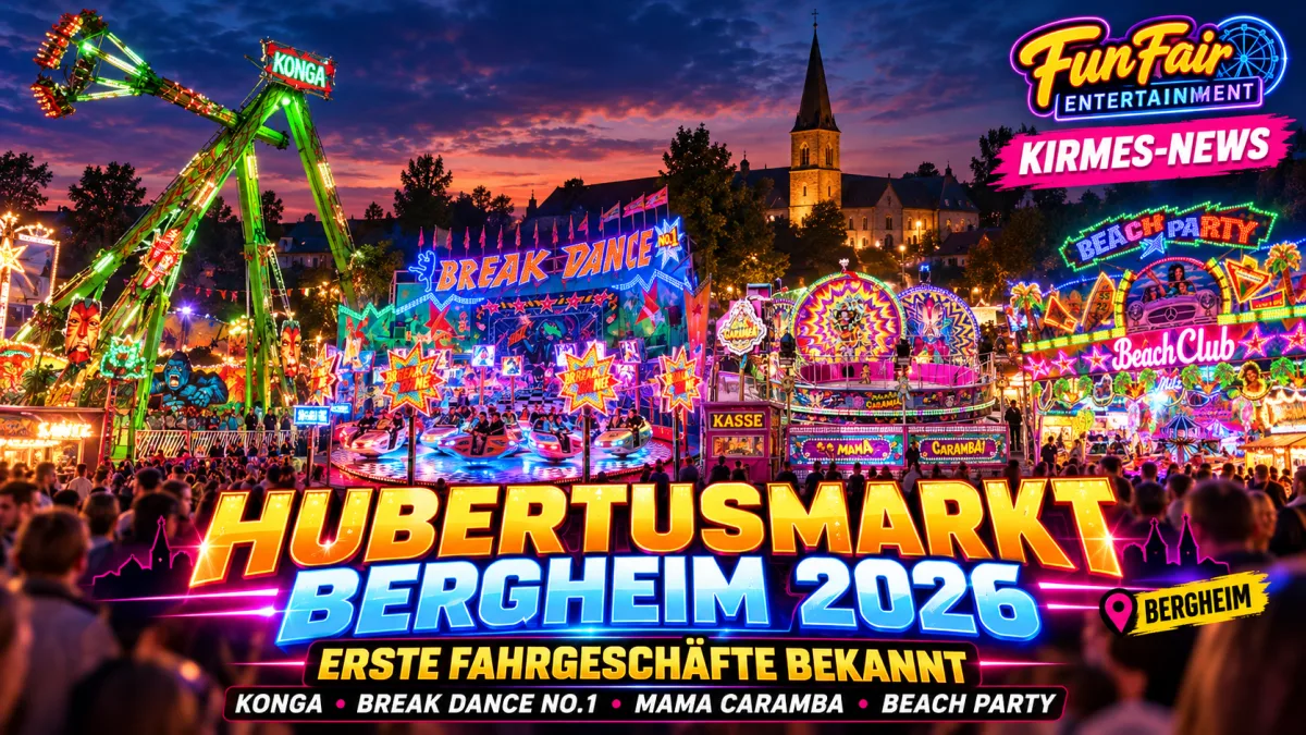 Bergheimer Hubertusmarkt 2026: Blick auf eine Kirmes mit Riesenrad, Fahrgeschäften und Besuchern; Symbolbild zum angekündigten Programm