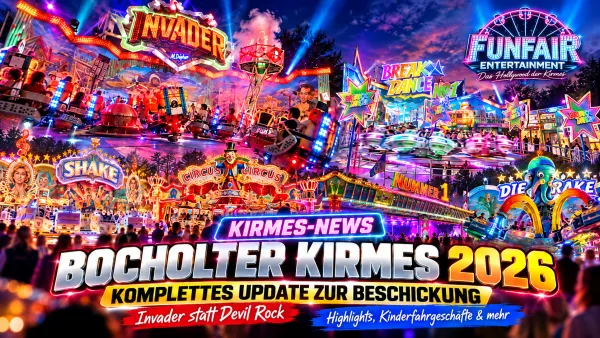 Bocholter Kirmes 2026 mit beleuchteten Kirmesständen und Riesenrad in der Innenstadt – News zu aktuellen Fahrgeschäften und Kinderkarussells