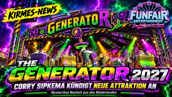 Werbegrafik zur für 2027 angekündigten Kirmesattraktion „The Generator“ mit Corry Sipkema; technische Details noch unbestätigt