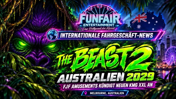 Offizielles Ankündigungsmotiv „Beast 2 – 2029“ von FJF Amusements: grün leuchtende Augen im Dschungeldesign; noch keine Aufnahme des neuen KMG XXL.