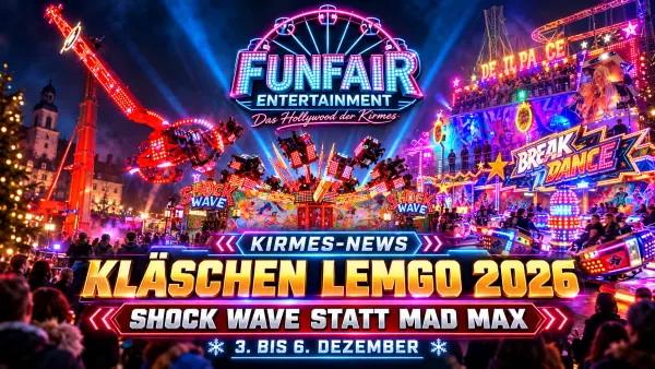 Kläschen Lemgo 2026: winterliche Kirmesstimmung in der Innenstadt mit Marktständen und beleuchteten Attraktionen