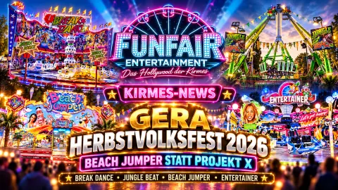 Herbstvolksfest Gera 2026: nächtliche Kirmesstimmung am Hofwiesenpark mit bunten Lichtern und Besuchern