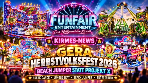 Herbstvolksfest Gera 2026: nächtliche Kirmesstimmung am Hofwiesenpark mit bunten Lichtern und Besuchern