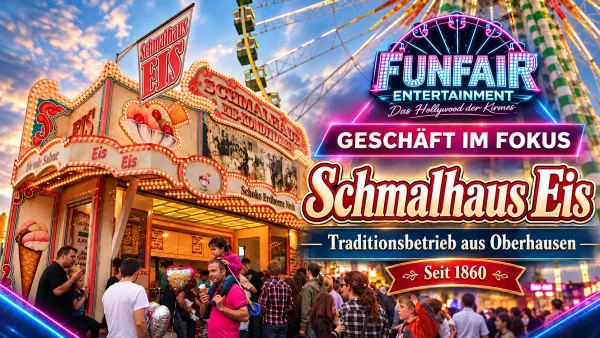 Historisch dekorierter Schmalhaus Eiswagen der Familie Krenz mit beleuchteter Fassade vor einem Riesenrad – FunFair Entertainment Geschäft im Fokus
