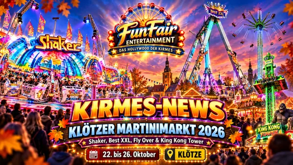 Klötzer Martinimarkt 2026 – geplante Fahrgeschäfte Shaker, Best XXL und Fly Over in der Innenstadt von Klötze