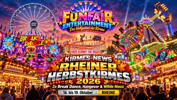 Rheiner Herbstkirmes 2026 – Kirmesatmosphäre mit beleuchteten Buden und Fahrgeschäften; Symbolmotiv, nicht als Aufnahme der diesjährigen Veranstaltung ausgewiesen.