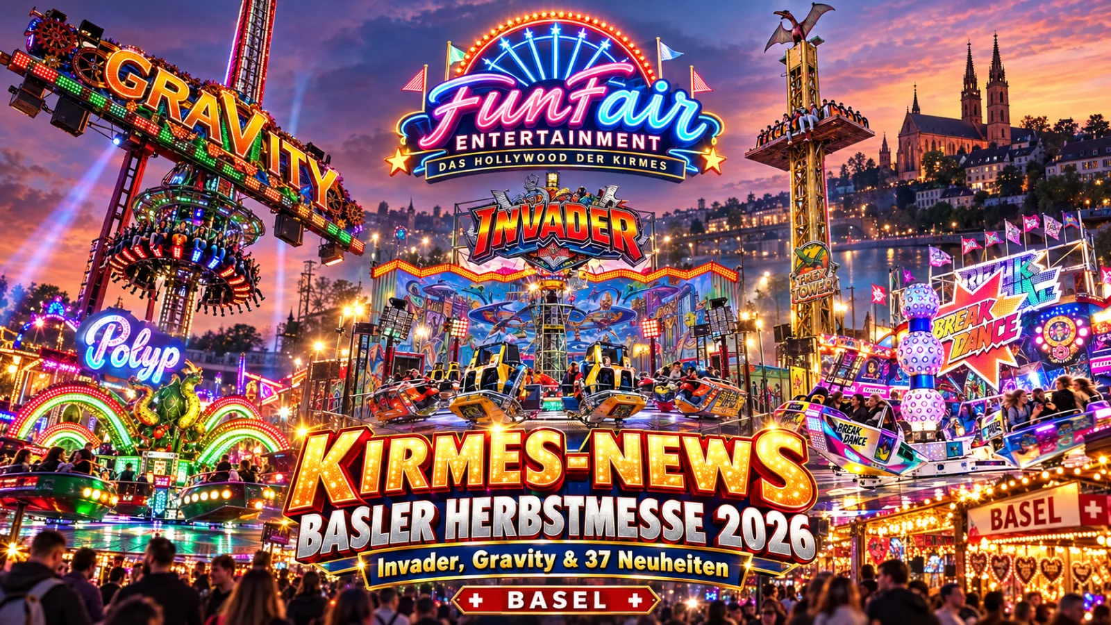 Basler Herbstmesse 2026: stimmungsvolles Kirmesmotiv mit Ständen, Riesenrad und Besuchern in der Basler Innenstadt