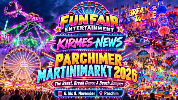 Martinimarkt Parchim 2026: Kirmes-Fahrgeschäfte und beleuchteter Festplatz an der Bergstraße