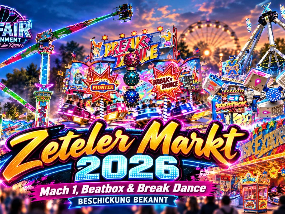 Grafisch gestaltetes Titelbild zum Zeteler Markt 2026 mit Motiven der angekündigten Fahrgeschäfte – keine Aufnahme des Marktaufbaus 2026