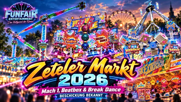 Grafisch gestaltetes Titelbild zum Zeteler Markt 2026 mit Motiven der angekündigten Fahrgeschäfte – keine Aufnahme des Marktaufbaus 2026