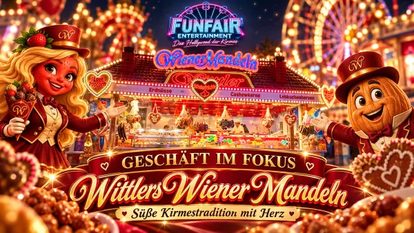 Wittlers Wiener Mandeln: bunt beleuchteter Süßwarenstand auf der Kirmes mit Herzdekoration, Schokofrüchten und Mandel-Auslage – Geschäft im Fokus bei FunFair Entertainment