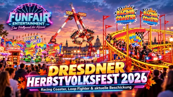 Dresdner Herbstvolksfest 2026 an der Pieschener Allee: Kirmes mit Riesenrad, Fahrgeschäften und Besuchern (Bildmotiv)